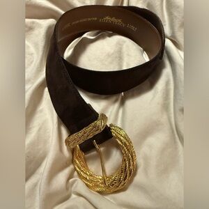 Vtg Linda Allard Ellen Tracy Brown Sueded Calfskin Belt, Gold Tone Buckle, Large